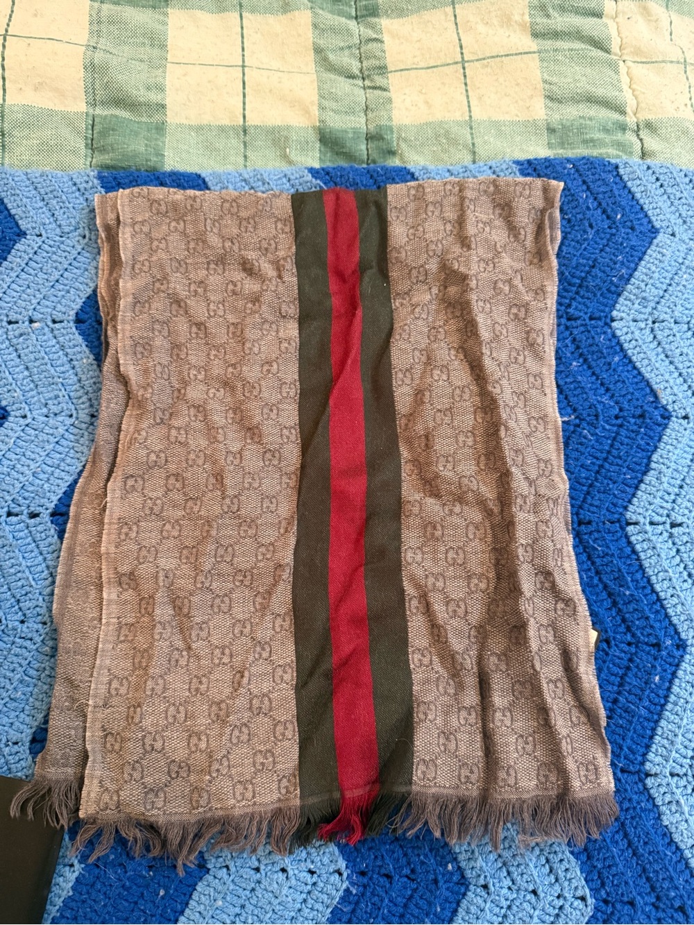 Gucci  Brown and Gray Monogram Scarf with Red & Green Stripe